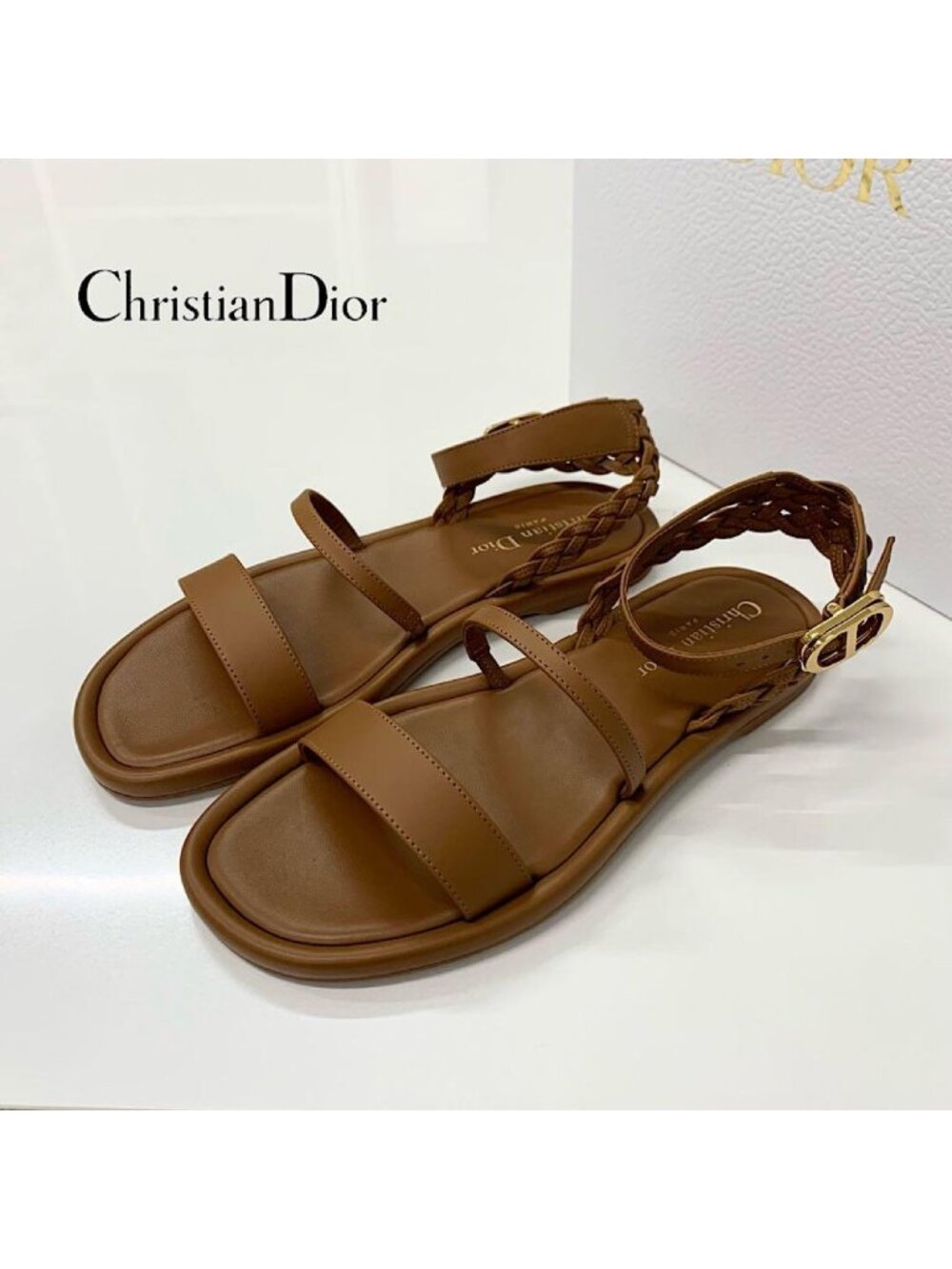 Dior Logo Leather Strap Sandals Brown